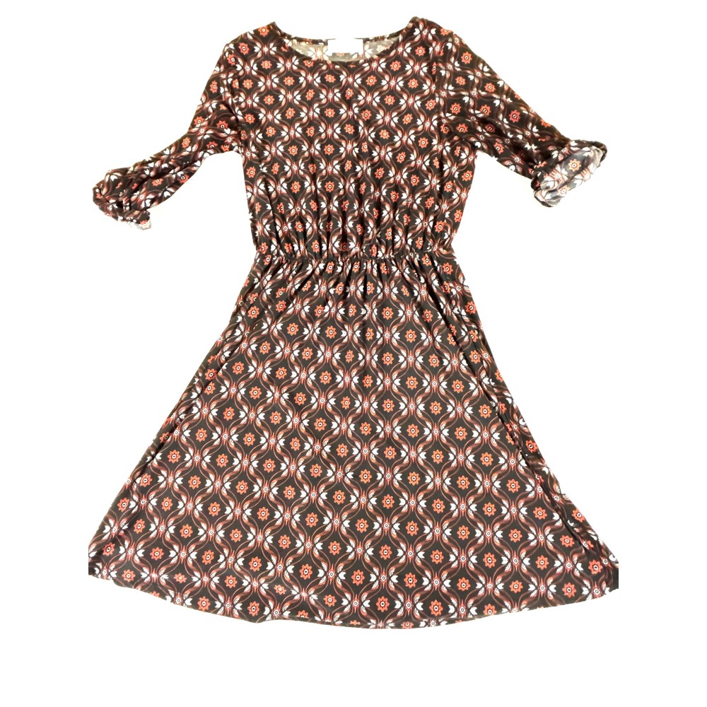 French Grey‎ Womens Black Red Geometric Floral Midi Dress Roll Tab Sleeve Size S